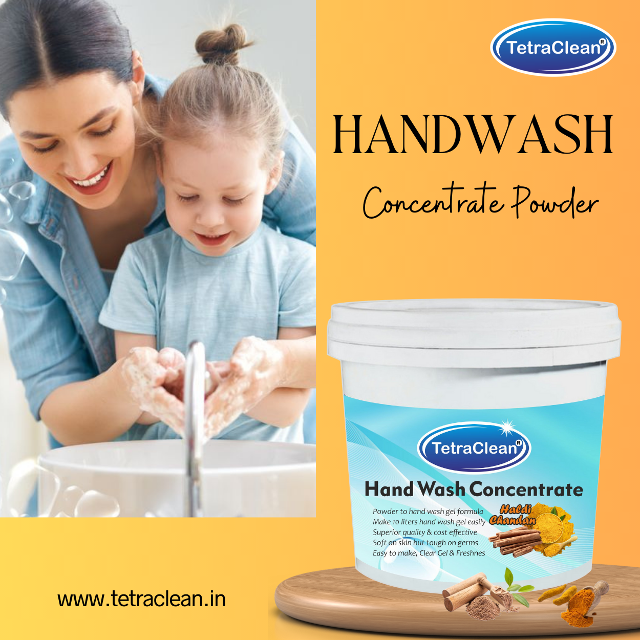 TetraClean Hand Wash Concentrate Powder Haldi Chandan - 500g