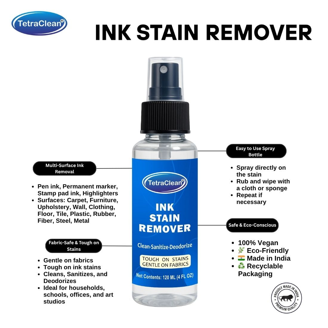 TetraClean Ink Remover Spray – Remove Pen Ink Remover Stain 120ml