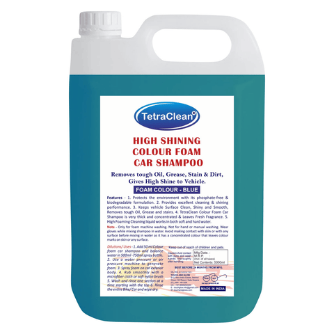 TetraClean High Foaming Blue Car Shampoo 5L | High Shine Colour Foam Car Wash Liquid | Removes Dirt, Grease, Oil & Road Grime | Concentrated Vehicle Cleaning Shampoo for Foam Cannon & Pressure Washer